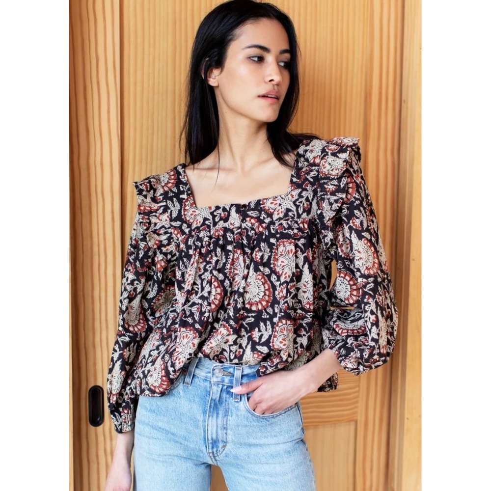 Emerson Fry India Collection Adelina Blouse Women Small Floral Block Print Boho